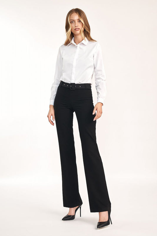 Elegant Long Sleeve Slim-Fit White Shirt by Nife showcased on a model wearing tailored black trousers, highlighting its sleek design and small collar.