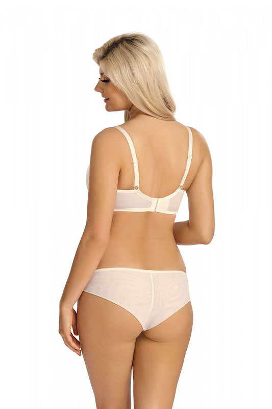 Luxurious beige lace floral pattern panties by Lupo Line, showcasing a smooth knit front and elegant tulle mesh back, designed for feminine allure.