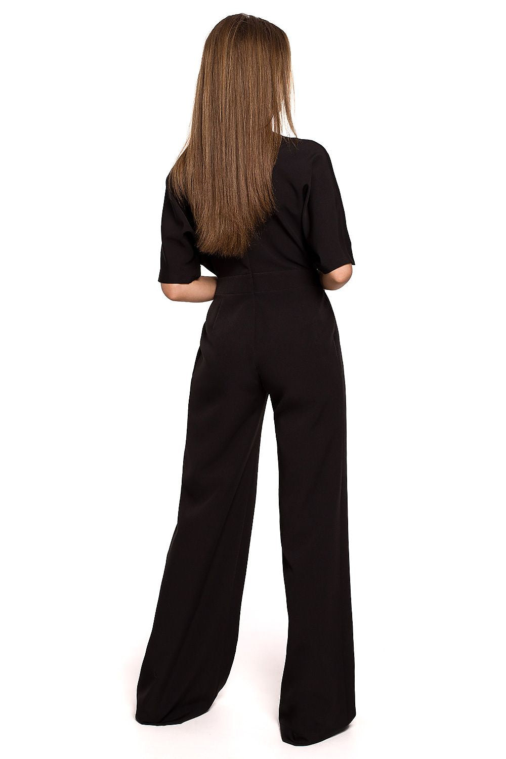 Stylove Wide Leg Batwing Sleeve Jumpsuit with Covered Zip - Elegant trousers for modern style, featuring a luxurious black design with a stylish back view.