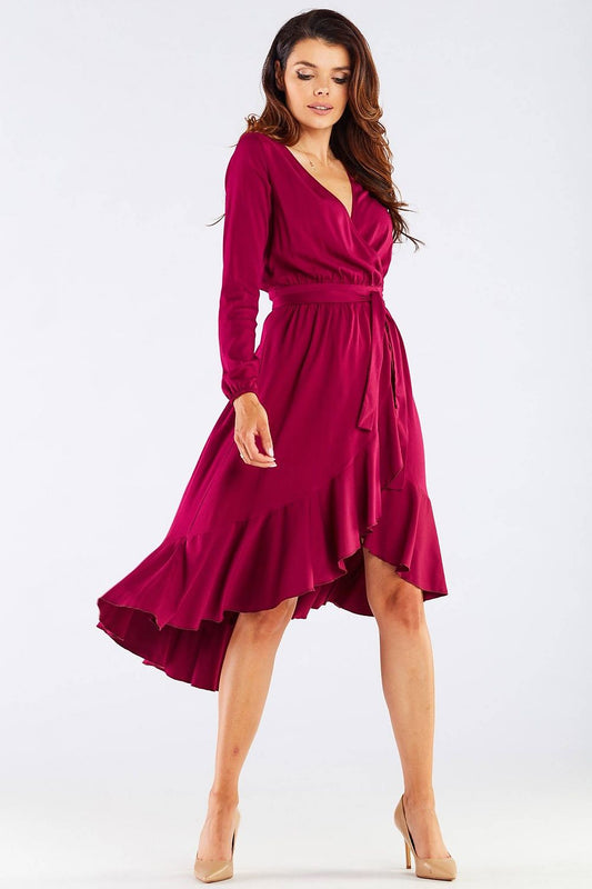 Elegant Awama Ladies Cocktail Dress with Envelope Neckline and Frill Detail in Natural Viscose, presented in a flattering pose, showcasing luxurious fabric and a graceful silhouette with a whimsical frill for a chic cocktail look.