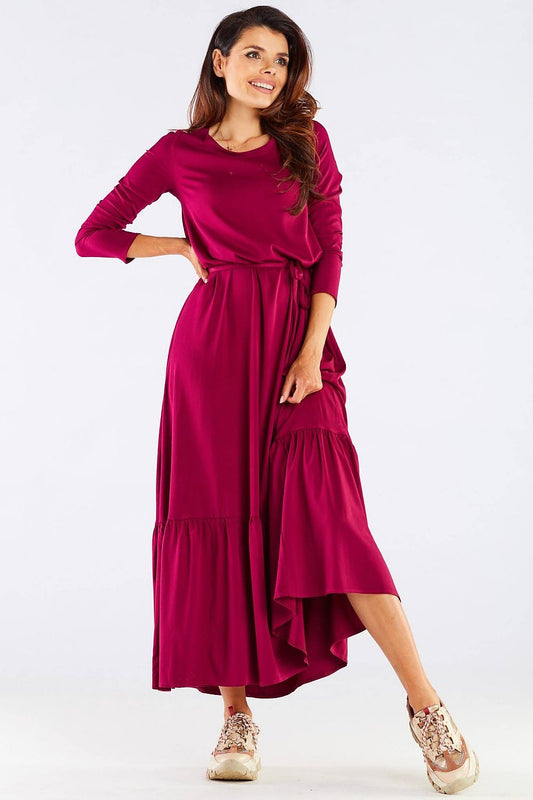 Luxurious Viscose Kimono Cut Day Dress with Frill and Belt by Awama, Made in Poland, presented on a model, highlighting the flowing design and graceful frill detail.