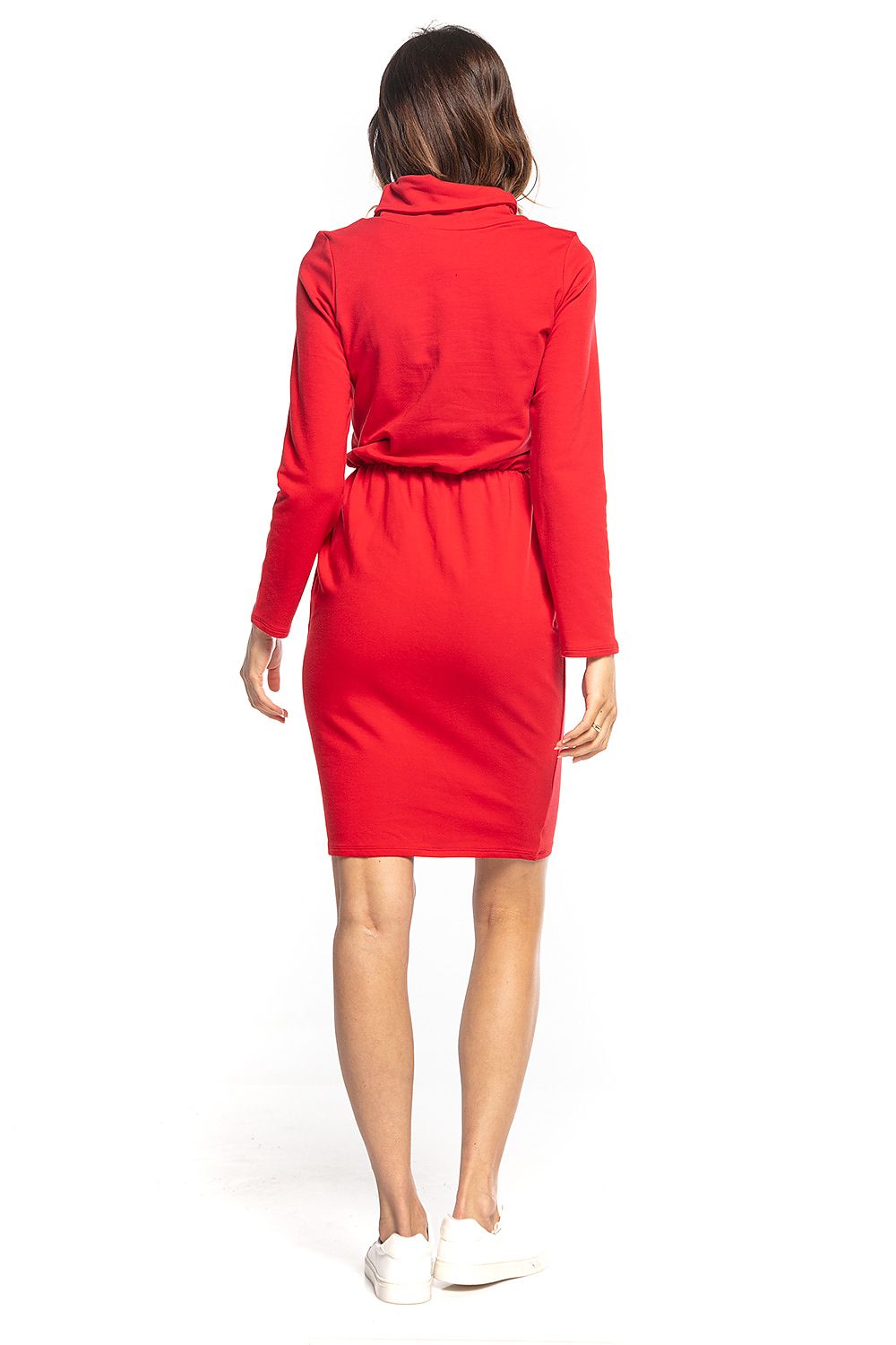 Stylish red Tessita sporty midi dress with turtleneck and long sleeves, featuring an elasticized waist and kangaroo pocket, displayed on a model from the back.
