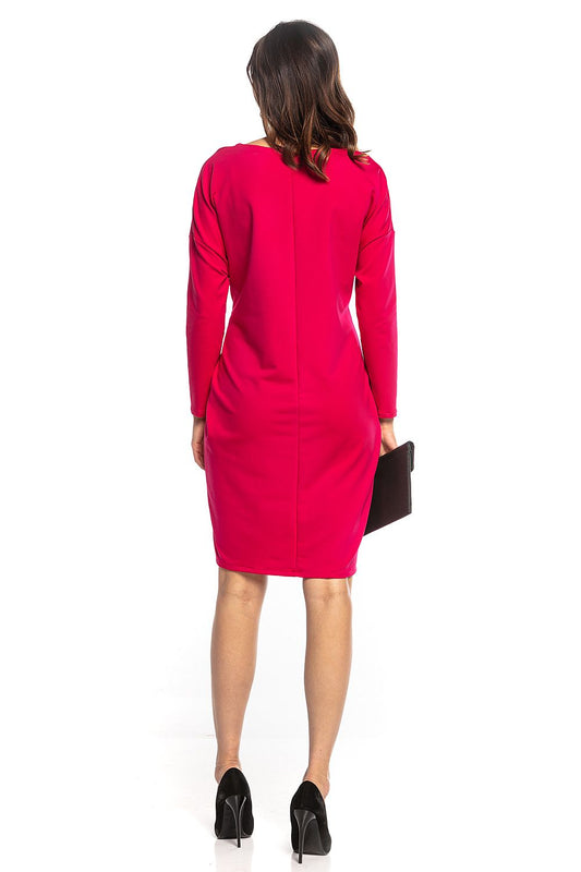 Back view of an elegant pink midi dress by Tessita, showcasing a sleek silhouette and kimono style, ideal for sophisticated events.