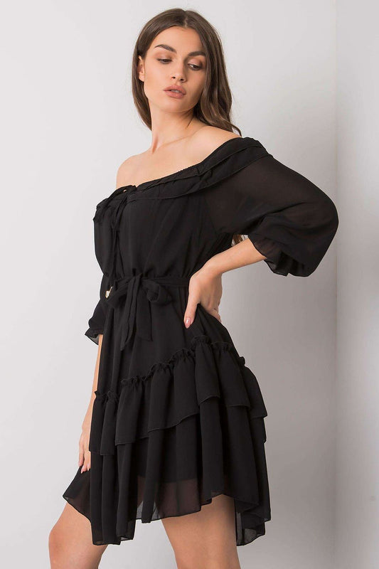 Elegant Och Bella Spanish Style Daydress with frills and 3/4 sleeves, showcased on a model wearing black, perfect for various occasions.