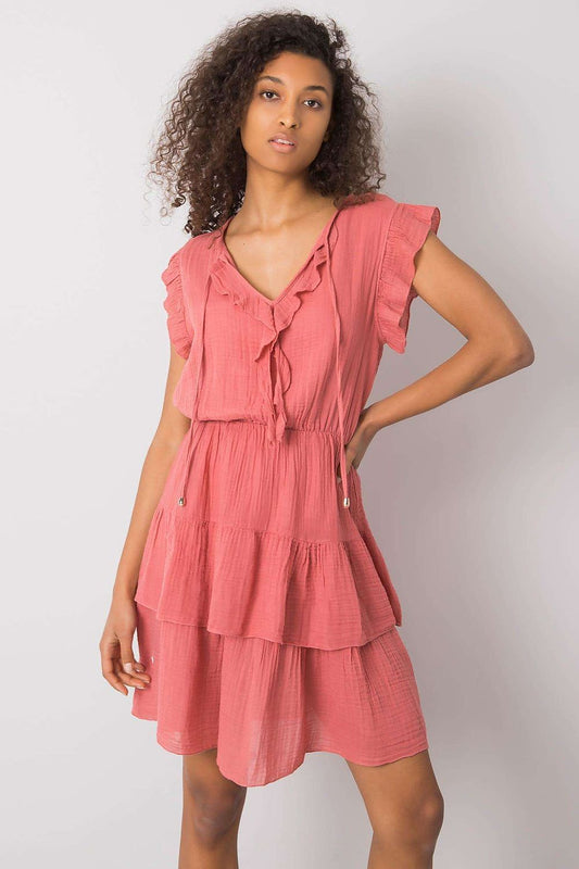Elegant Och Bella Daydress with Short Sleeves and Heart Neckline in 100% Cotton, showcasing a chic layered style and delicate ruffles, ideal for casual luxury.