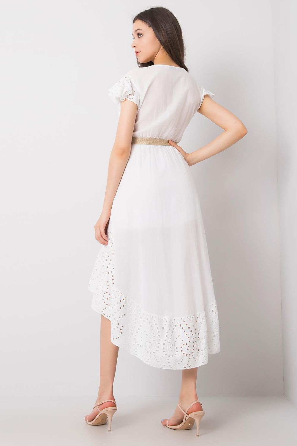 Elegant back view of the Asymmetrical Cut Cotton Day Dress by Och Bella, featuring a belted waist and ruffled hem, perfect for refined daytime occasions.