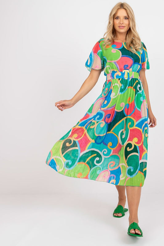 Elegant Italy Moda Summer Dress with Flared Cut, Belt and Lining - Short Sleeves, Perfect for Any Occasion, showcased by a woman in motion, wearing a bright, flowing dress with intricate designs and a flattering silhouette.