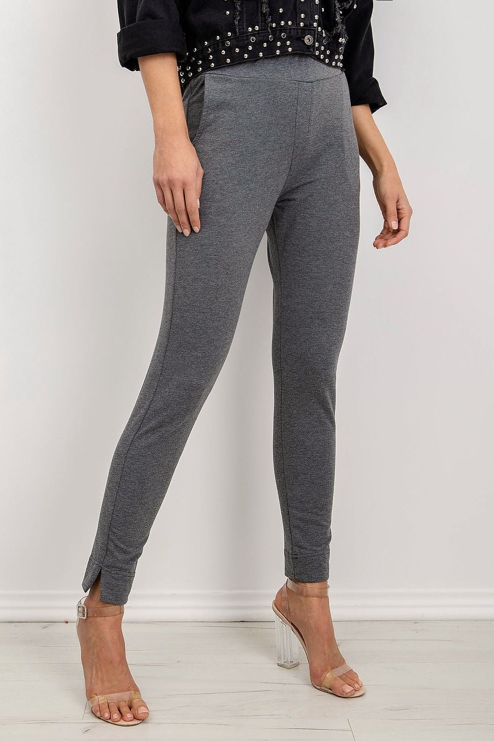 Luxury BFG Tracksuit Trousers with Elastic Waistband and Slip Pockets - Comfortable Casual Wear front view of elegant grey sweatpants featuring an elastic waistband and side slip pockets, paired with fashionable transparent heels.