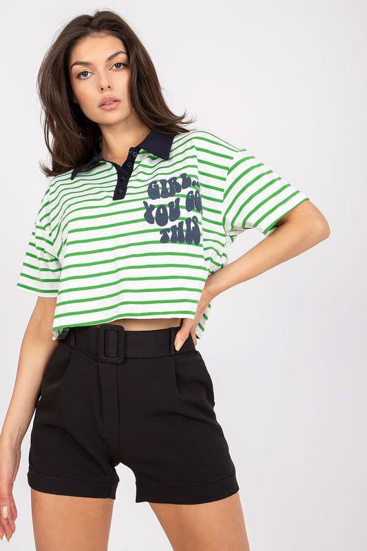 Stylish Striped Cotton Polo Blouse with Decorative Print, featuring a close-up of a model in a chic green and white striped polo blouse with decorative print, emphasising the elegant cut and casual sophistication.