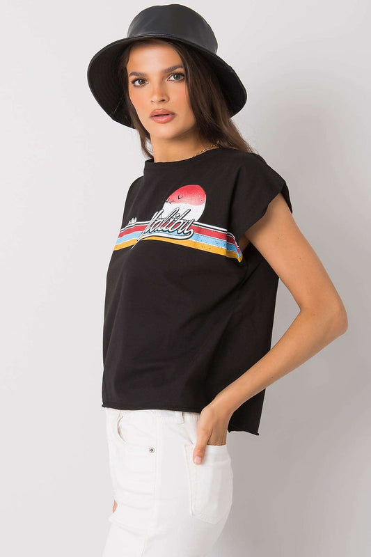 Luxury 100% Cotton Short Sleeve T-Shirt with Front Print, EU Size 0, Round Neckline, featuring a side view of a model wearing the top, highlighting its comfortable fit and vibrant front print.