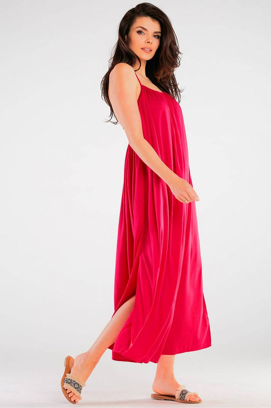 Elegant Maxi Dress by Awama with Decorative Back Ring, showcasing a stunning loose fit in a rich pink hue, perfect for effortless style.