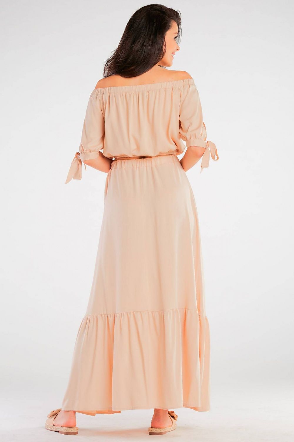 Elegant Spanish Style Blouse with Tied Sleeves view from the back, highlighting the light viscose material and sophisticated tied sleeve design, perfect for summer elegance.