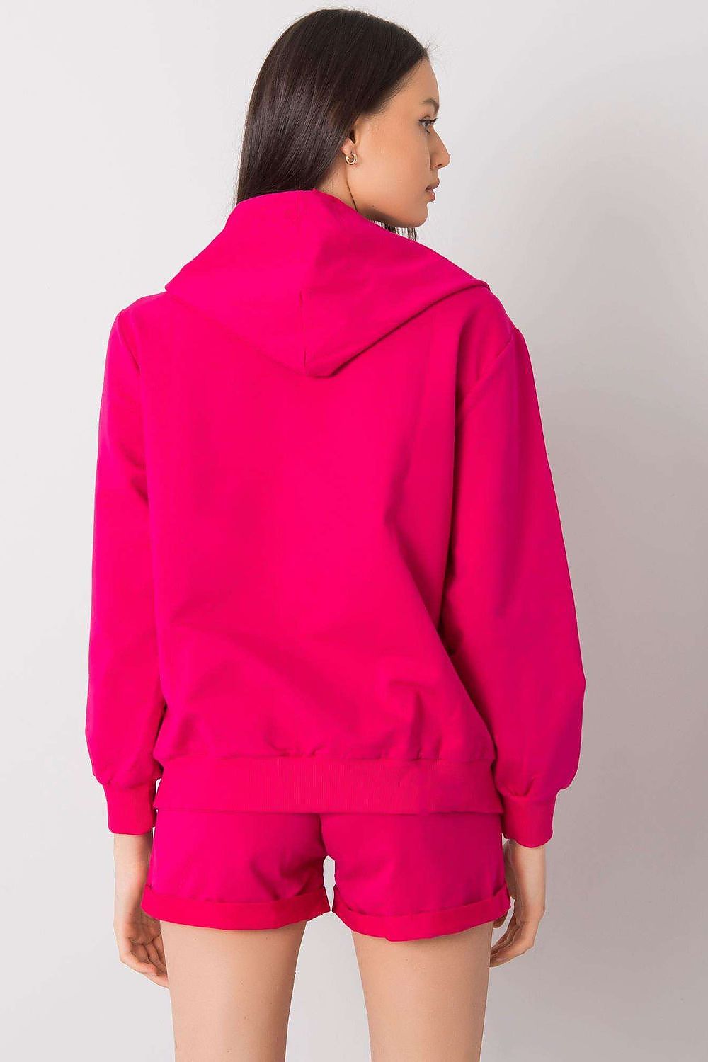 Stylish Luxury Tracksuit Set featuring a vibrant pink hoodie sweatshirt with zipper and comfortable shorts with elastic waist, designed for a chic and elegant look.