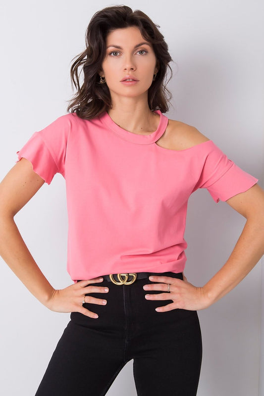 Stylish Off-Shoulder Cotton Blend Blouse with Short Sleeves, featuring a model in pink, embodying chic sophistication with a contemporary pose.