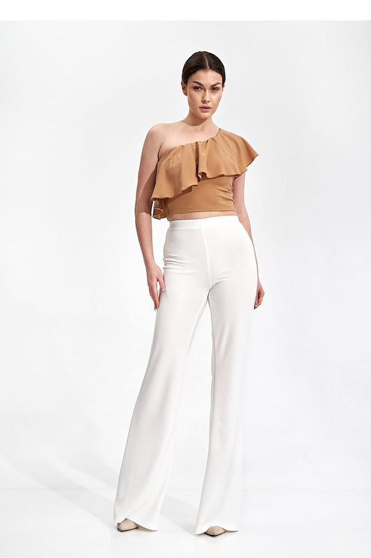 Elegant One Shoulder Ruffle Crop Top Blouse by Figl, displayed on a model wearing it with white pants for a sophisticated outfit.