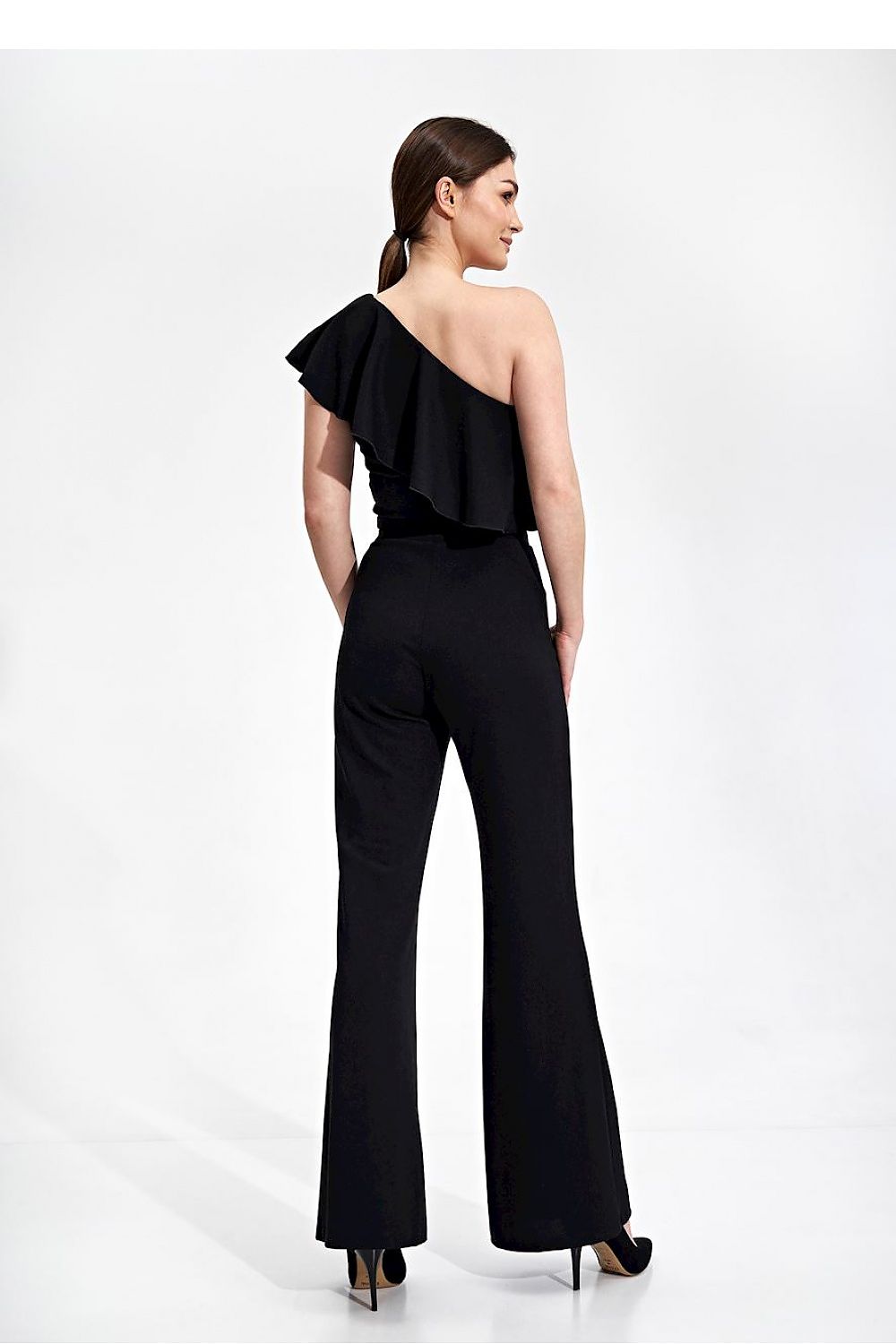 Elegant One Shoulder Ruffle Crop Top Blouse by Figl in a rear view showing the stunning ruffle detail, perfect for a luxurious evening ensemble.