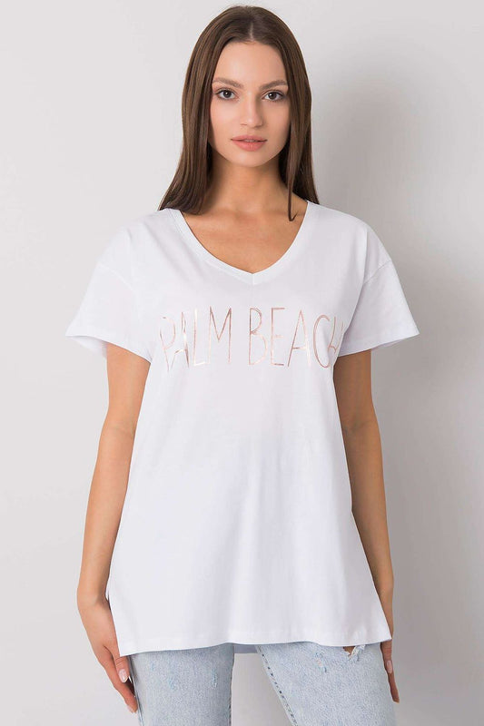 Elegant Ladies' Cotton V Neck Short-Sleeved T-Shirt with Decorative Wording in white, showcasing trendy 'PALM BEACH' lettering, perfect for a stylish casual look - Size EU 0.