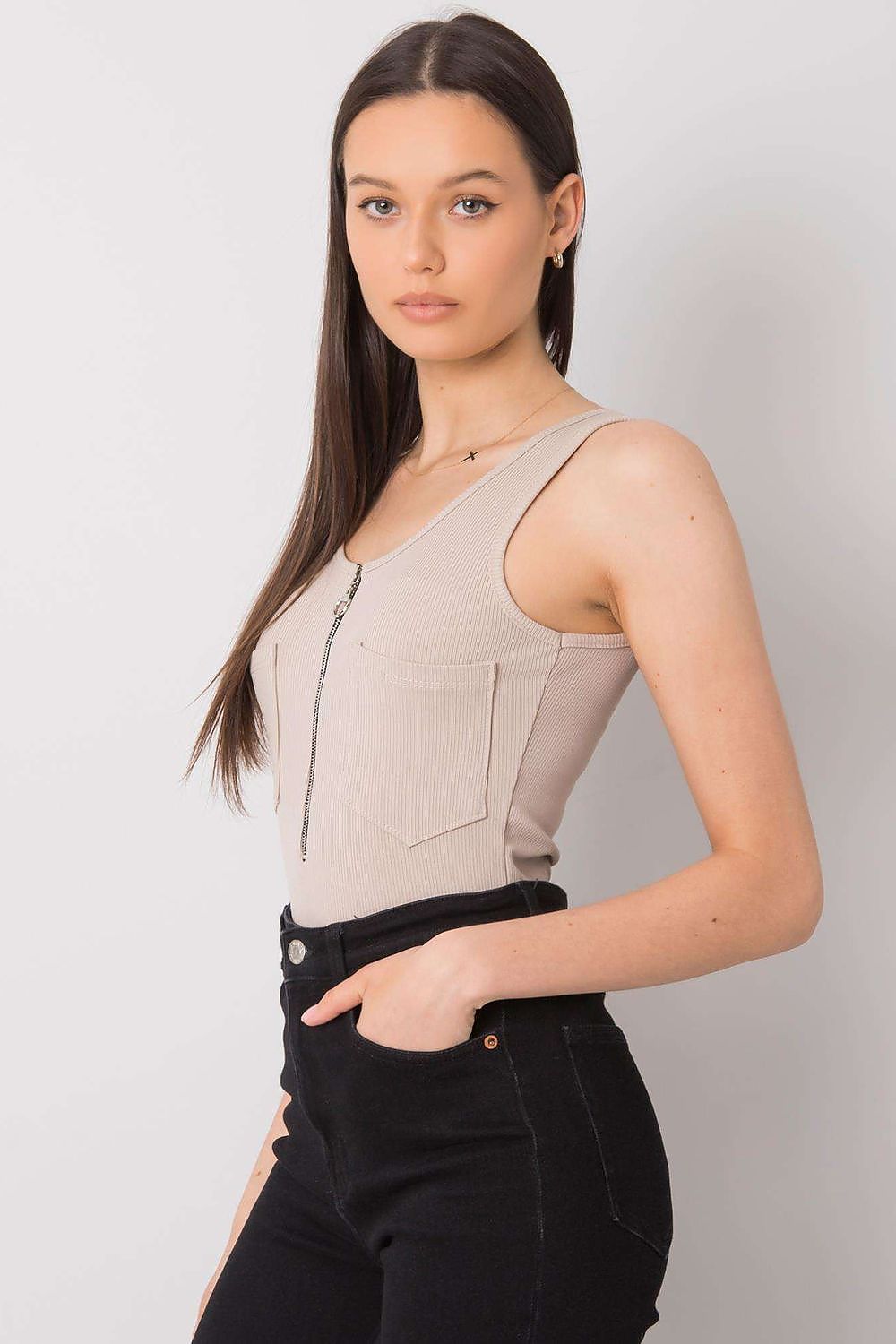 Luxury Italy Moda T-Shirt with Decorative Zipped Pockets and Round Neckline for Summer, featuring a side profile view that accentuates the fashionable cut of the top.