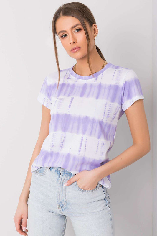 Elegant Luxury Women's Cotton Printed T-Shirt with Short Sleeves and Round Neckline by Italy Moda, showcasing a fashionable lavender tie-dye pattern, styled effortlessly with denim.