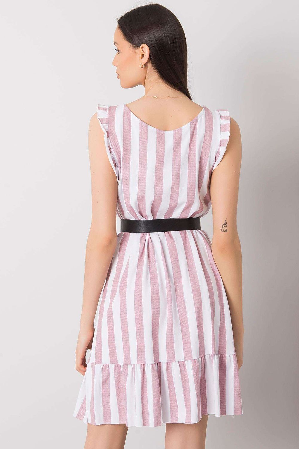 Elegant Sleeveless Summer Dress with Ruffles and Belt | Italy Moda Striped Cotton, displaying the back view of the dress, emphasising the stylish ruffled design and comfortable fit.