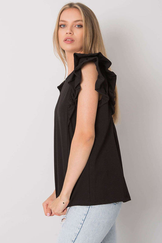 Side view of the Elegant Och Bella Short Sleeve Frill Blouse with Stylish Cut-Out Back in Cotton-Spandex Blend, showcasing the feminine frill detailing and chic silhouette.
