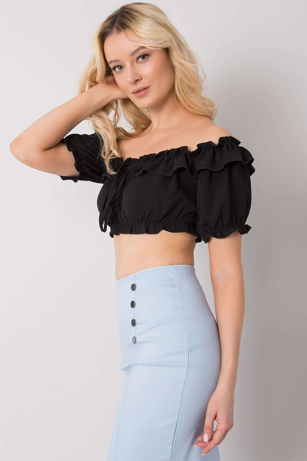 Och Bella Spanish Style Blouse with Tie Front and Short Sleeves - Elegant Polyester Top captured on a model, highlighting the chic ruffled look and stylish detailing appropriate for luxury casual wear.