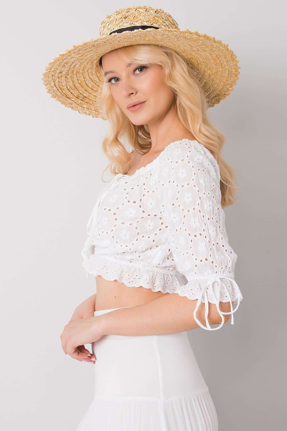Ox Bella Women's Short Sleeve Cotton Blouse with Openwork Pattern and Front Tie, featuring a side view that showcases the intricate openwork pattern and playful front tie.