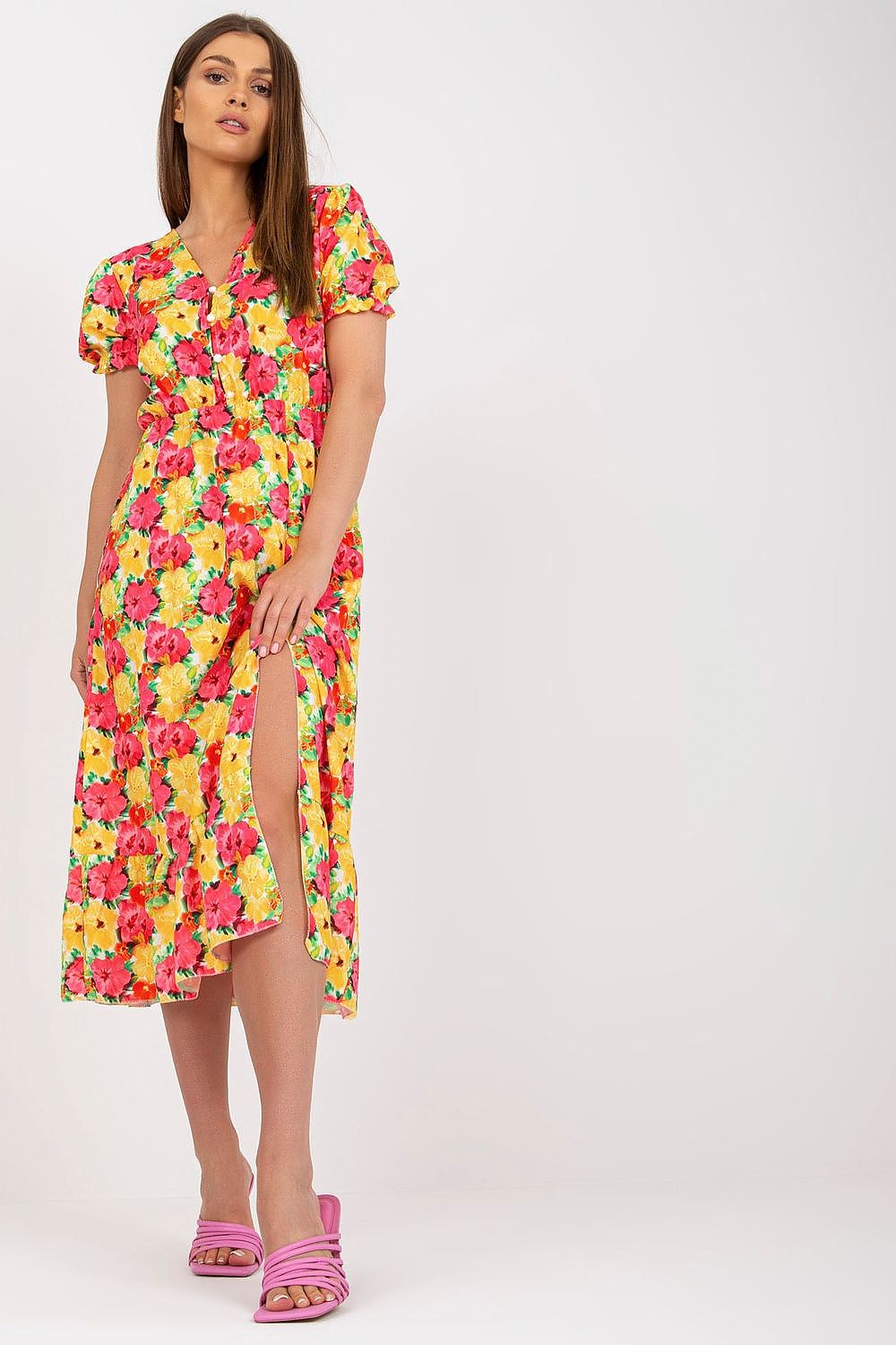 Elegant Floral Summer Dress with Short Sleeves, Front Buttons and Frill by Italy Moda, showcasing a beautiful floral design and a sophisticated silhouette, ideal for fashionable summer events.