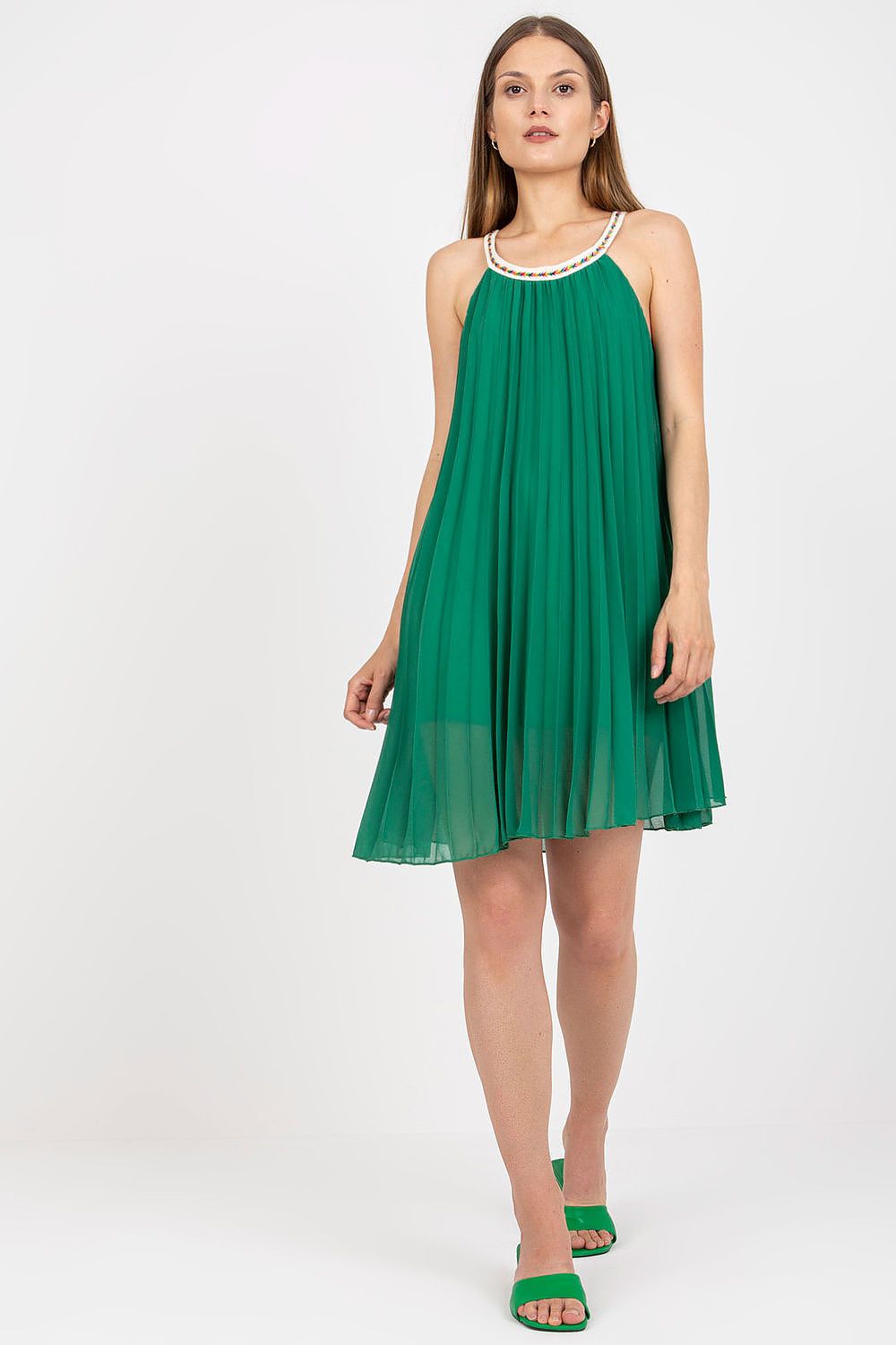 Elegant Summer Strapless Pleated Dress by Italy Moda in vibrant green, featuring a lined design, round neck, and delicate pleats, exuding luxury for stylish summer occasions.