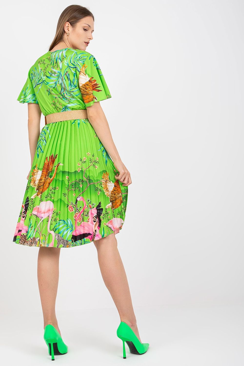 Back view of the Elegant Summer Dress with Short Sleeves, Envelope Neckline and Braided Belt by Italy Moda, showcasing its pleated design and bright green colour.