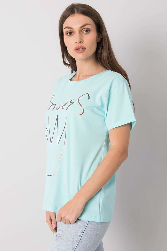Elegant Ladies' Short Sleeve T-Shirt with Decorative Print shown from a side view, showcasing the comfortable fit and chic design with 'Princess' motif in turquoise.