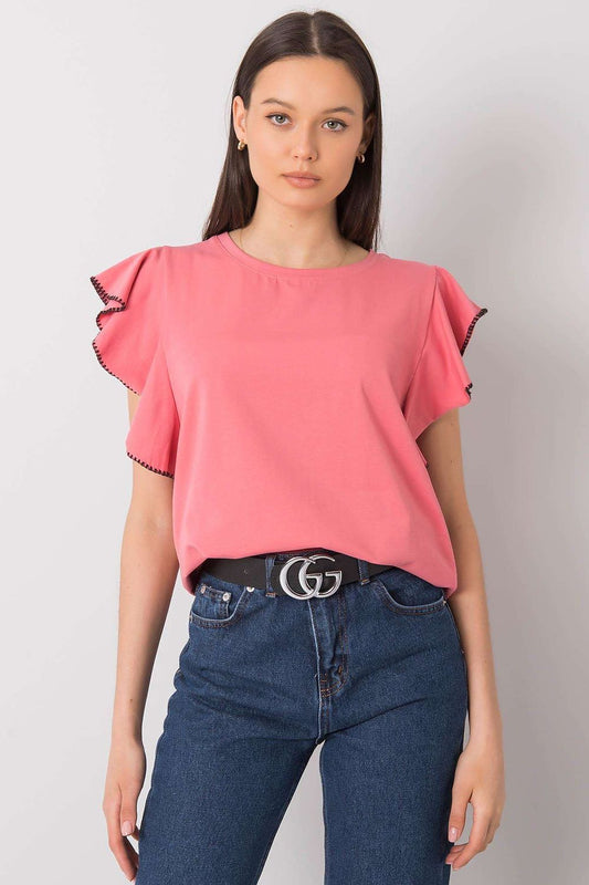 Elegant Frill Sleeve Cotton Blend Blouse with Round Neck – Versatile Everyday Wear, front view of a model wearing a pink blouse featuring frill sleeves and a round neckline.
