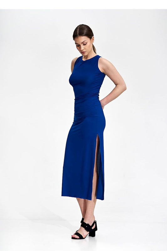 Elegant Fitted Midi Dress by Figl in stunning blue, model highlighting the dress's flattering silhouette and sexy side slit.