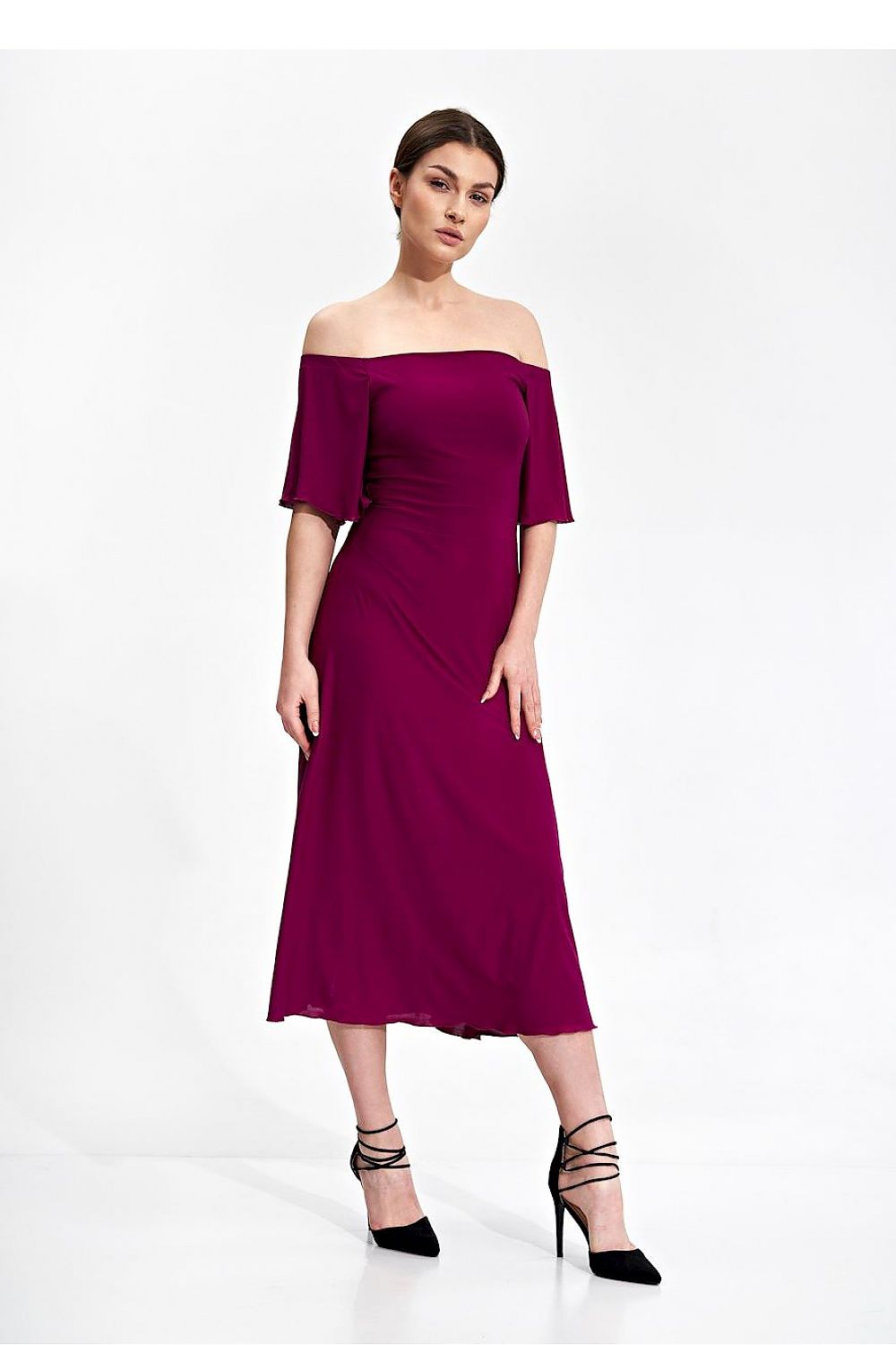 Elegant Midi Dress by Figl displayed from the front, highlighting off-shoulder wide sleeves and a fitted top, gracefully flowing into a flared bottom. Ideal for both casual and formal occasions.