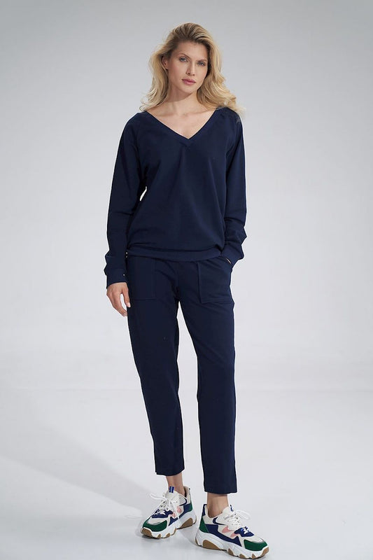 Luxury Cotton V-Neck Sweatshirt by Figl, presented on a model, combined with matching trousers and sporty sneakers, epitomizing elegant comfort in navy.
