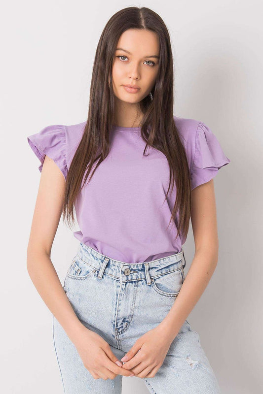Elegant Frill Sleeve Blouse with Round Neckline in soft lavender, made from a premium blend of cotton and lycra, displayed on a model in a chic, casual pose.