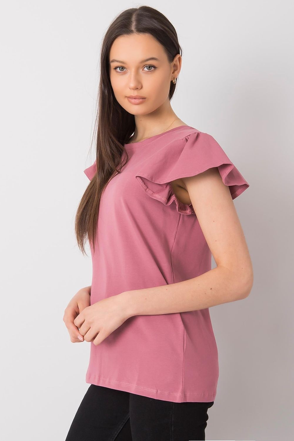 Elegant Frill Sleeve Blouse with Round Neckline, featured in a side view, highlighting the frill detail and luxurious fabric ideal for versatile styling.