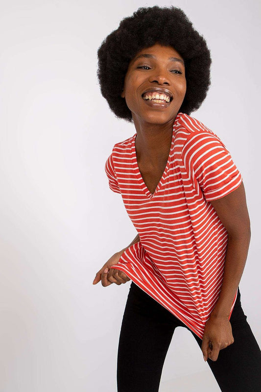 Sophisticated Stitch&Soul Striped Cotton T-Shirt with Heart Neckline, artistically presented by a cheerful model, highlighting the trendy design and luxurious comfort.