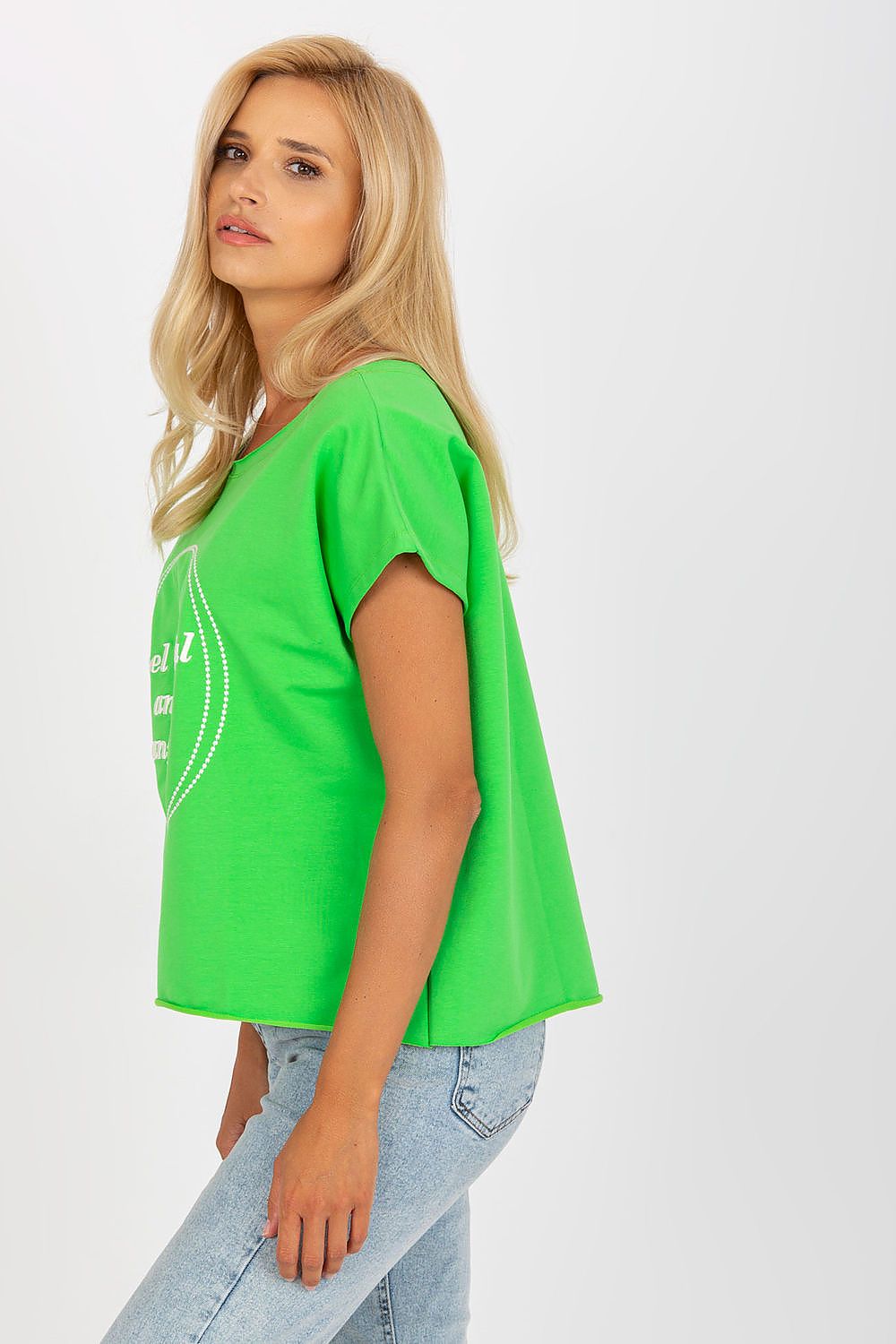 Elegant Short-Sleeved Blouse with Embroidery - Cotton and Spandex Blend, Loose Fit, showcased in vibrant green, styled with casual jeans for an effortlessly chic look.