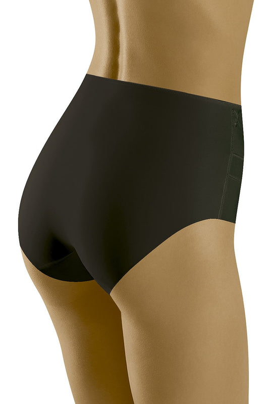 Wolbar Women's Higher-Waisted Micromodal and Lace Corrective Panties in black, highlighting the sleek back profile and high-waisted design for comfort and a flattering silhouette.