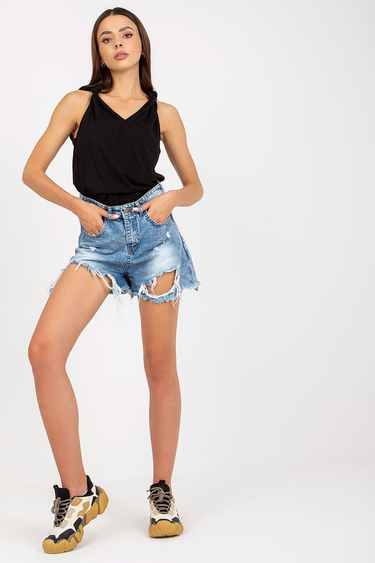 Luxury Strapless V-Neck Top With Ties For Women by Rue Paris, showcased in an elegant pose, combined with fashionable torn denim shorts.
