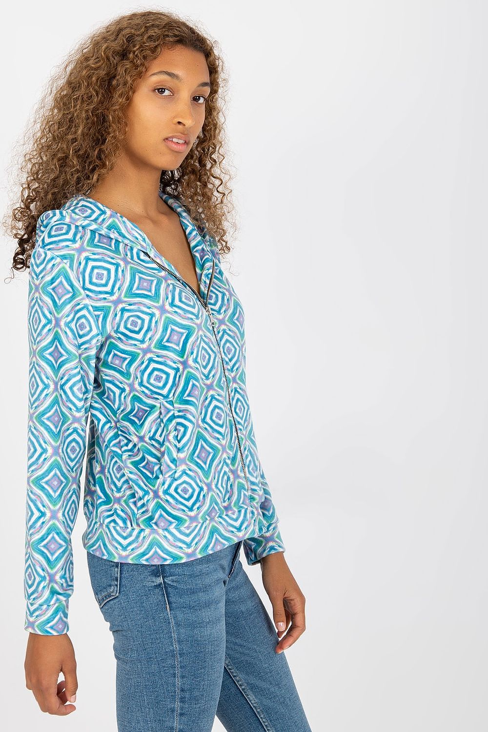 Elegantly styled Rue Paris Women's Zippered Sweatshirt with Hood and Long Sleeves. Featuring a captivating geometric pattern in turquoise and purple, this soft viscose sweatshirt includes convenient slip pockets, perfect for a chic and comfortable look.