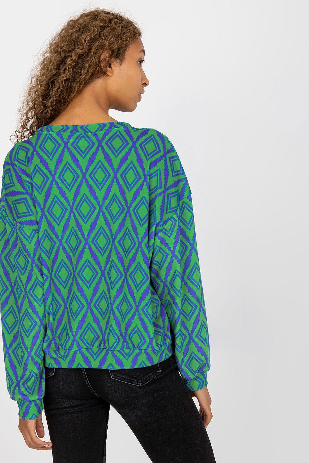 Luxurious Women's Rue Paris Sweatshirt with Long Sleeves and Kangaroo Pocket, showcasing the back view with a striking diamond design in green and blue, worn by a model.