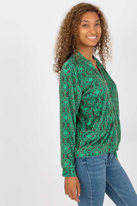 Luxury Women's Zip Sweatshirt by Rue Paris with Slip Pockets - Side view of the chic green zip sweatshirt, emphasising its modern design and comfortable fit.