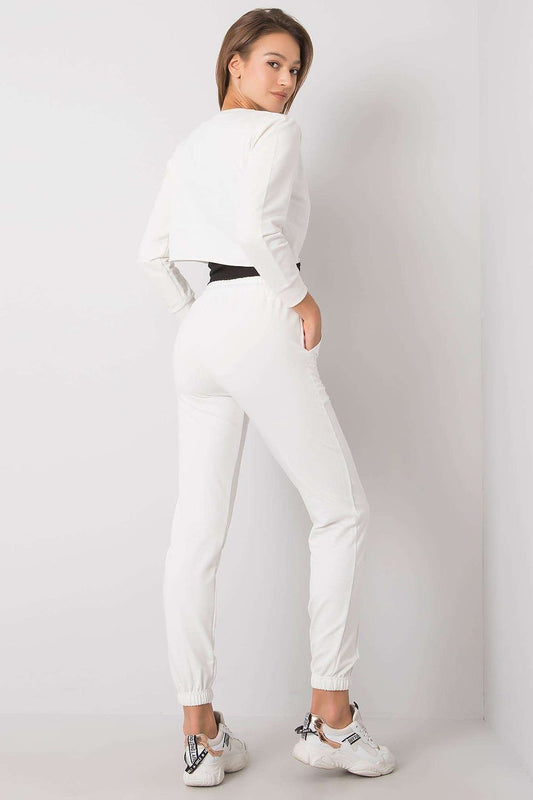 Sophisticated back view of the Rue Paris Women's Designer Trousers Set, showcasing the stylish cropped sweatshirt paired with tailored trousers. Perfect for upscale casual attire.