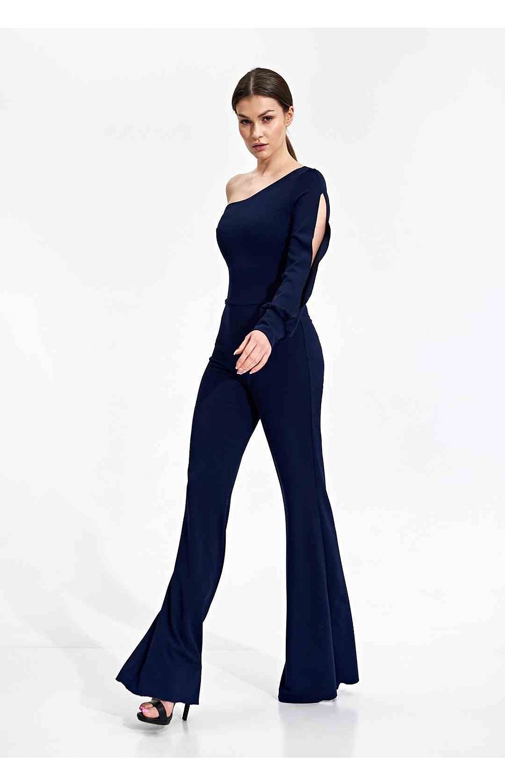 Elegant Figl jumpsuit with unique shoulder cut and flowing wide legs, showcased in navy, an ideal choice for upscale gatherings.