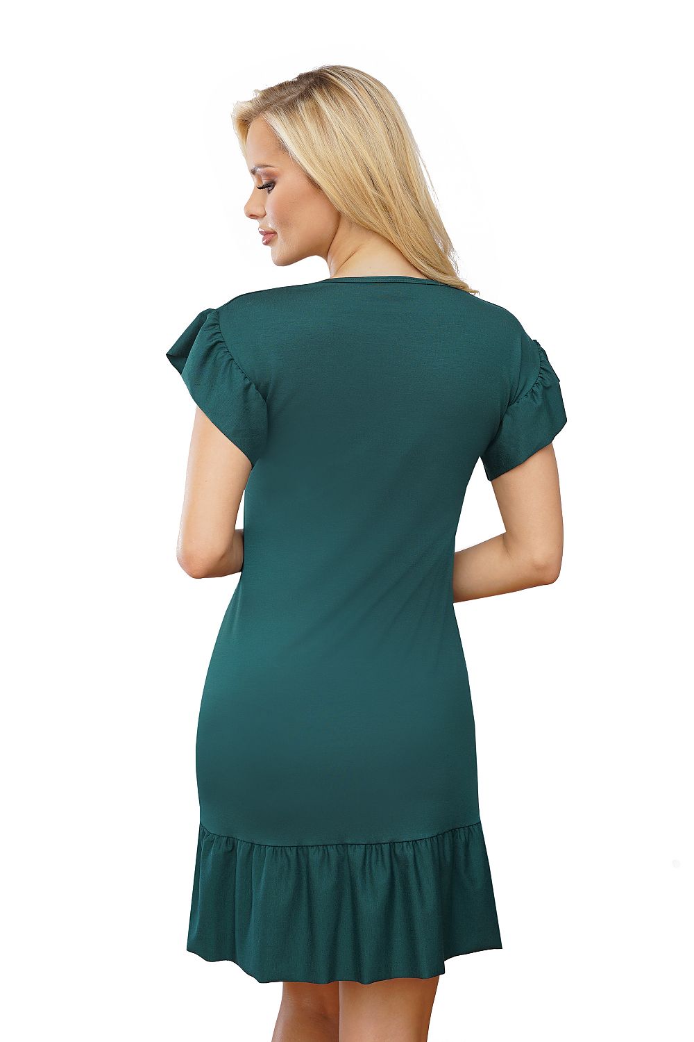 Back view of the Elegant T!SSI Ruffled Nightshirt with its body-fitting silhouette and elegant ruffled hem, available in luxurious green for sizes EU 36-44.