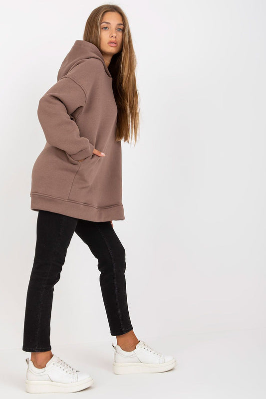 Side view of the Luxury BFG Extended Cut Sweatshirt with Hood and Slip Pockets, highlighting its relaxed fit and high-quality fabric blend of 90% cotton and 10% spandex.