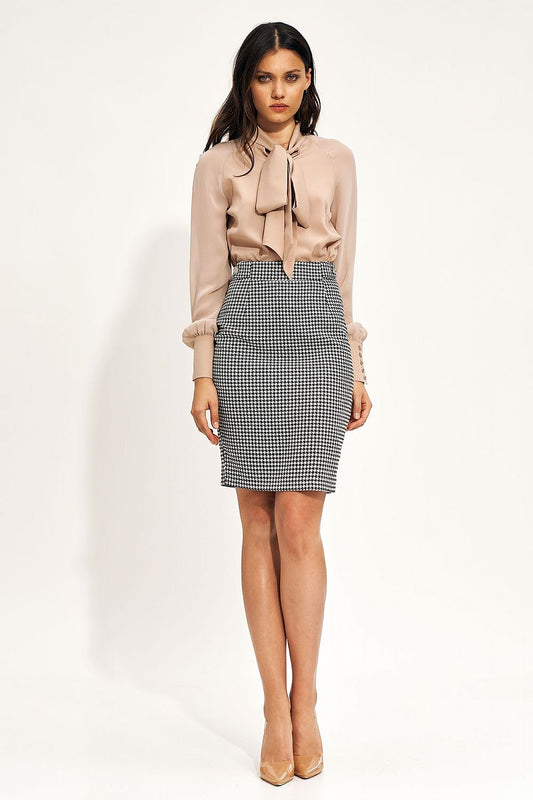 Chic front view of the Elegant High Waist Peplum Pencil Skirt by Nife, paired with a fashionable beige blouse, perfect for transitional office fashion and night outings.