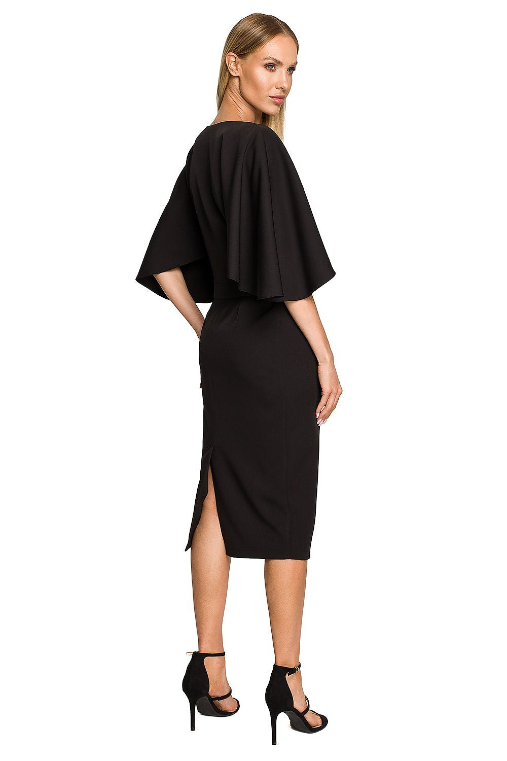 Elegant Knee-Length Cocktail Dress With Ruffled Sleeves by Moe in classic black, with a stylish fitted design and elegant ruffled sleeves, perfect for making a statement at special events.